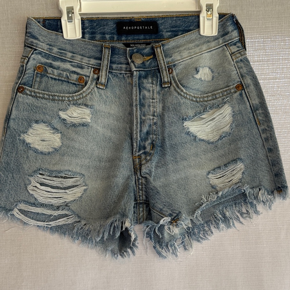 Aeropostale Womens Juniors 90s High Rise Cut-Off Jean Shorts Size 00 Light Blue